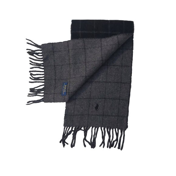 POLO Ralph Lauren Black Gray Reversible Window Pane Scarf Embroidered Polo Logo - Picture 3 of 5